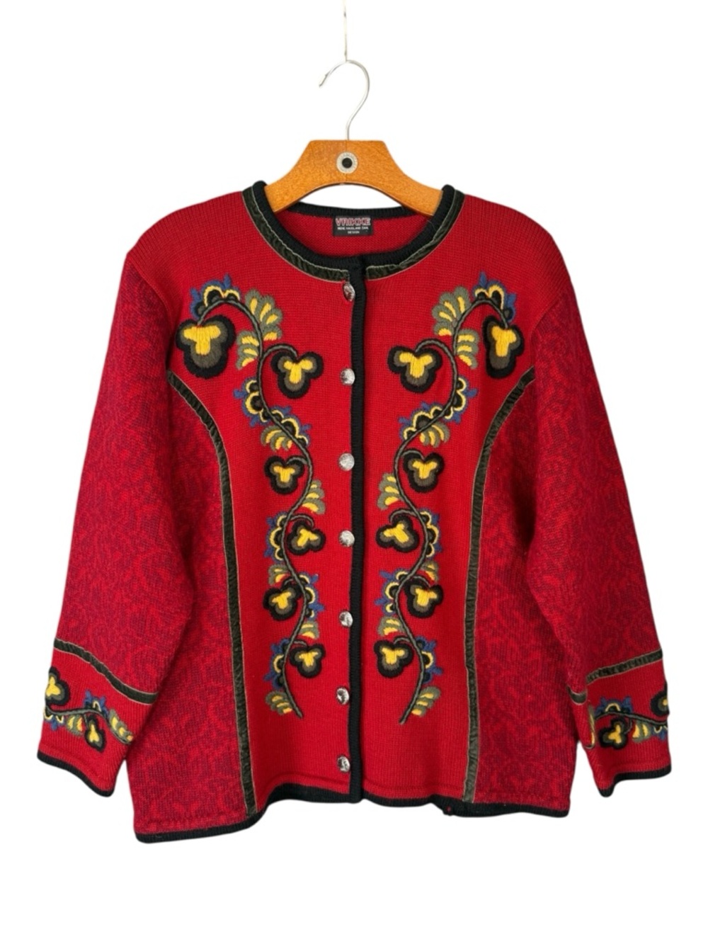 Vrikke 100% Wool Red Embroidered Cardigan Sweater Nordic Folk Floral M